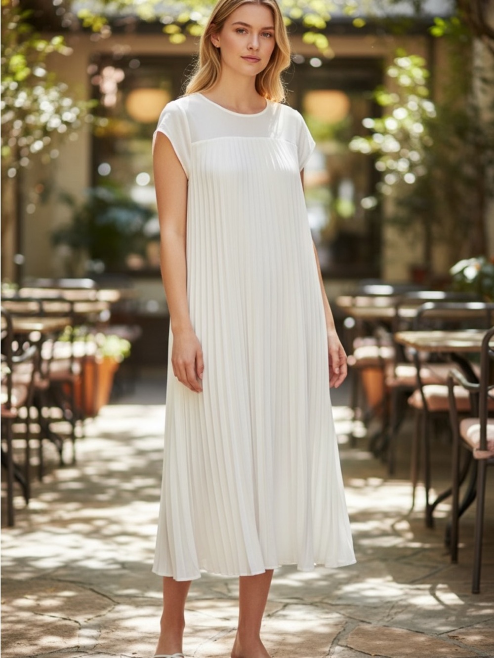 Pleated White Maxi Dress - Elegant Summer Shift